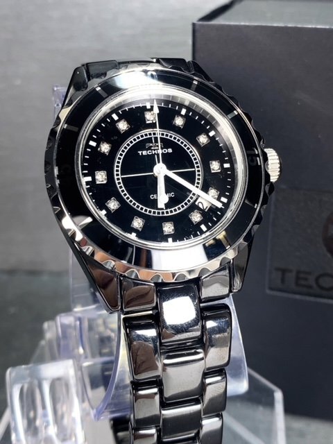 ダイヤモンド付き 新品 テクノス TECHNOS 正規品 腕時計 アナログ腕時計 クオーツ セラミック 防水 カレンダー メンズ ブラック プレゼント_画像2