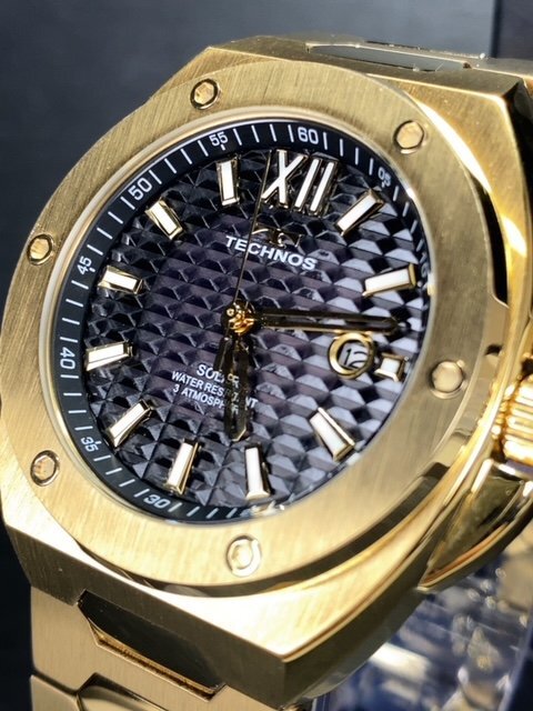 新品 テクノス TECHNOS 正規品 腕時計 アナログ腕時計 ソーラー ステンレス 3気圧防水 カレンダー ゴールド ブラック メンズ プレゼント_画像3
