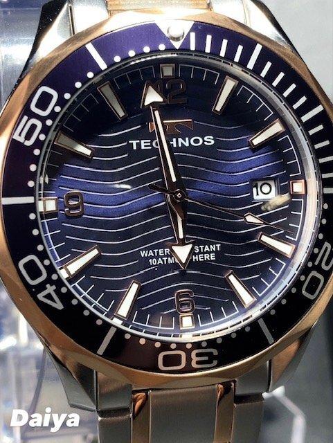  new goods TECHNOS Tecnos wristwatch regular goods analogue wristwatch quarts calendar 10 atmospheric pressure waterproof stainless steel simple blue pink gold men's 