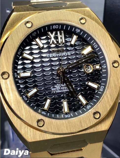 新品 テクノス TECHNOS 正規品 腕時計 アナログ腕時計 ソーラー ステンレス 3気圧防水 カレンダー ゴールド ブラック メンズ プレゼントの画像1