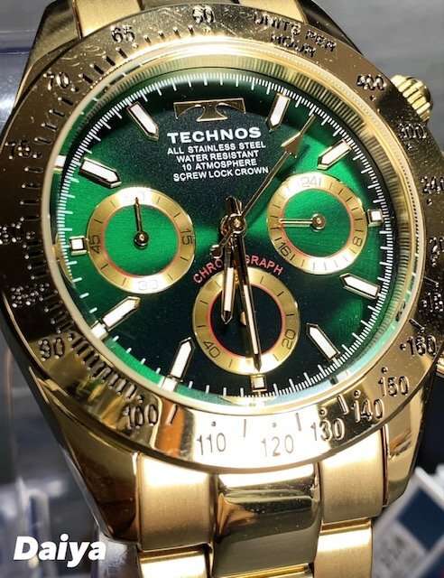  new goods Tecnos TECHNOS regular goods wristwatch analogue wristwatch quarts stainless steel chronograph 10 atmospheric pressure waterproof Gold green men's present 