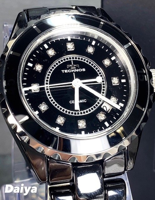 ダイヤモンド付き 新品 テクノス TECHNOS 正規品 腕時計 アナログ腕時計 クオーツ セラミック 防水 カレンダー メンズ ブラック プレゼント_画像1