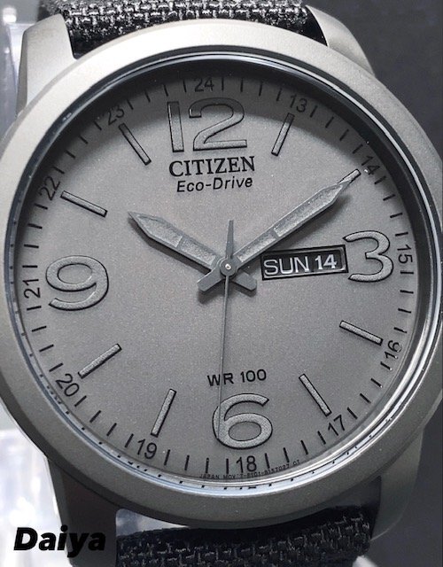 新品 腕時計 正規品 シチズン CITIZEN Eco-Drive エコドライブ 電池交換不要 アナログ カレンダー キャンバスベルト 防水 オールブラック_画像1