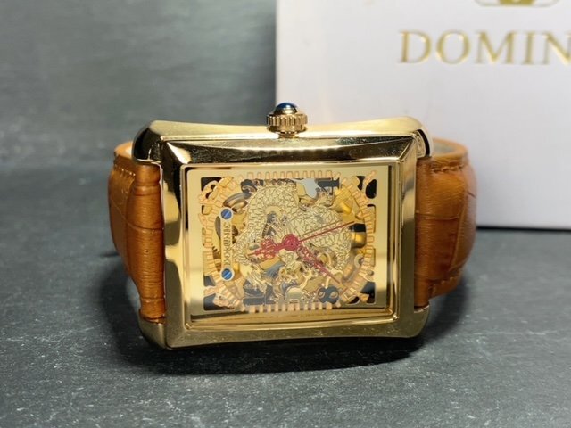 新品 正規品 ドミニク DOMINIC 自動巻き 腕時計 オートマティック スクエア レザーベルト キャメル ゴールド ドラゴン メンズ プレゼントの画像7