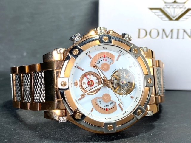 新品 正規品 ドミニク DOMINIC 自動巻き 腕時計 オートマティック カレンダー 5気圧防水 ステンレス ホワイト ゴールド メンズ プレゼントの画像7