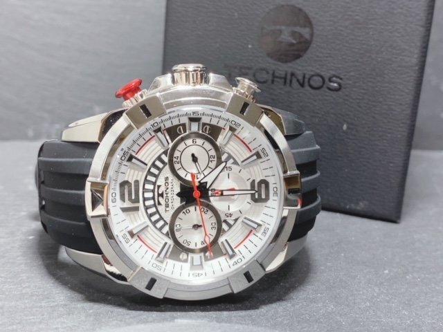  new goods TECHNOS Tecnos regular goods rubber belt chronograph quartz analogue wristwatch multifunction wristwatch 10 atmospheric pressure waterproof silver Bick face 