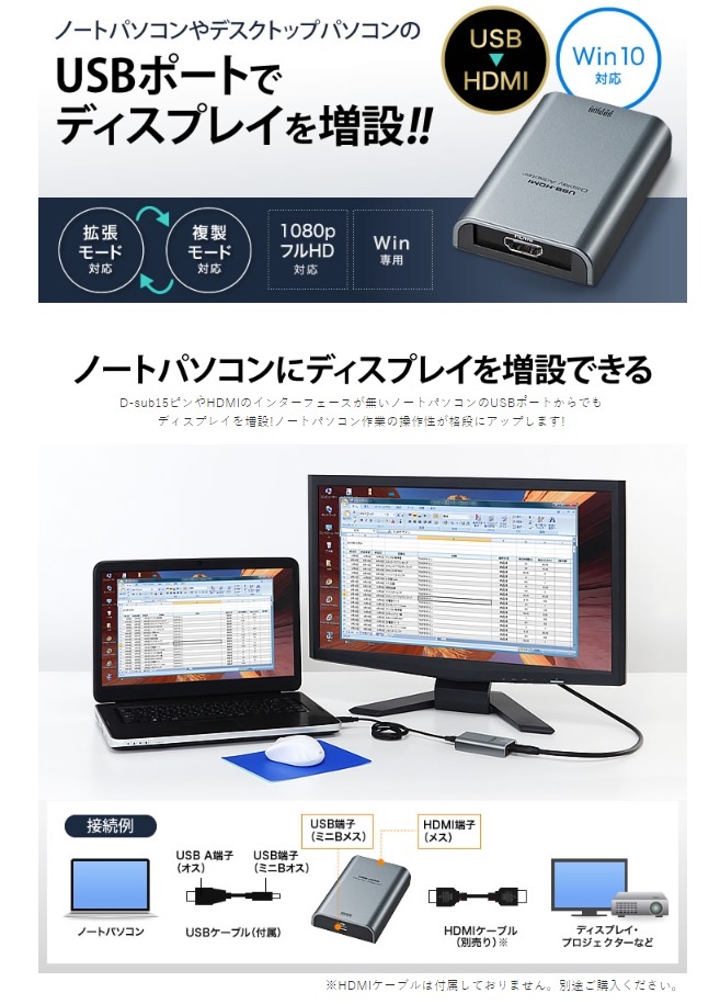 USB-HDMIディスプレイ変換アダプタ サンワサプライ AD-USB23HDの画像2