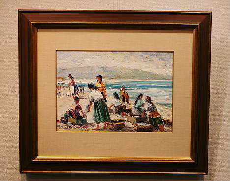 絵画 カルフォルニア Joao Calirornia「ナザレの浜辺」 油絵 ポルトガル 油彩 オリジナル 本物保証 送料無料_明るい光が降り注ぐ印象的な油絵