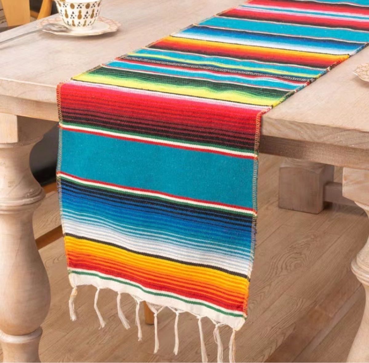 メキシコ　テーブルランナー　サラペ　メキシカンラグ　柔らか　薄め スカイブルー