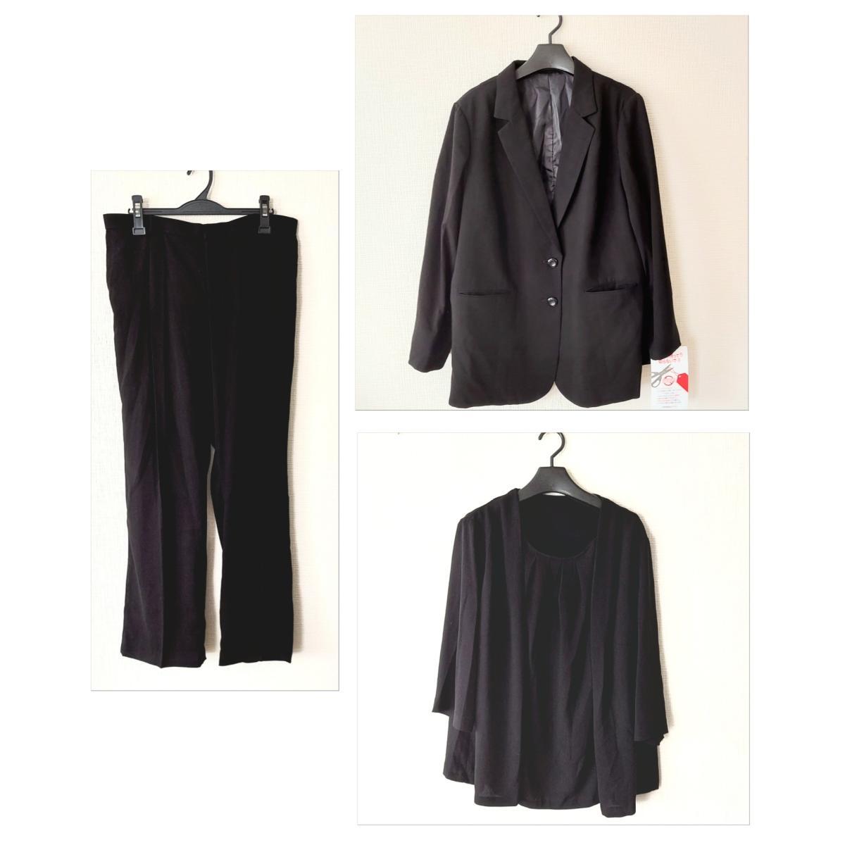 【IN-70】レディース スーツ 3点セット 喪服 礼服 テーラードジャケット ブラウス パンツ 4L ブラック_画像1