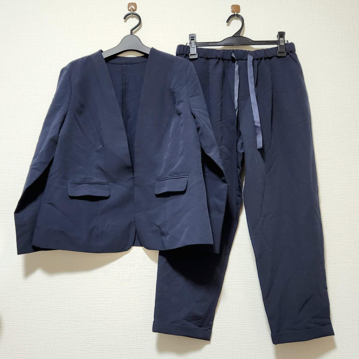 【IN-427】レディース スーツ ノーカラージャケット パンツ LL ネイビー