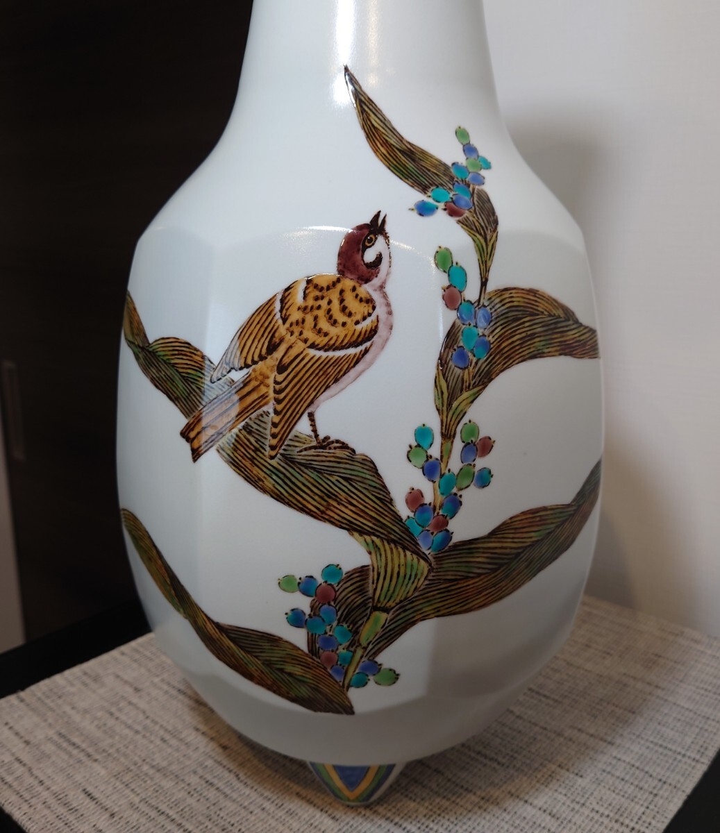 影山明志 作　笠間焼　色絵 雀数珠玉紋 三足壷　花瓶　高約40cm　日本工芸会正会員　共箱　共布　師:藤本能道_画像5