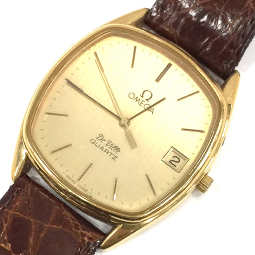 オメガ デビル クォーツ 1337 デイト 腕時計 ゴールドカラー文字盤 ジャンク品 メンズ 社外ベルト OMEGA QR052-174の画像1