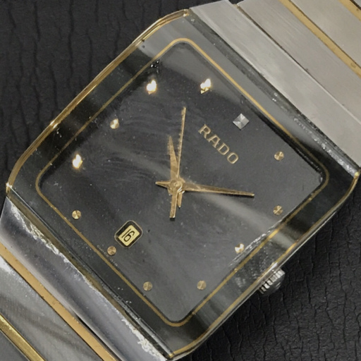 ラドー デイト クォーツ 腕時計 152.0366.3 メンズ ブラック文字盤 未稼働品 純正ブレス 小物 RADO QR054-140_画像1