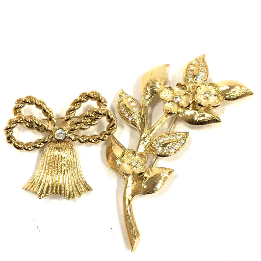 1 jpy beautiful goods Dior brooch ribbon flower rhinestone Gold color brand small articles preservation box attaching total 2 point set 