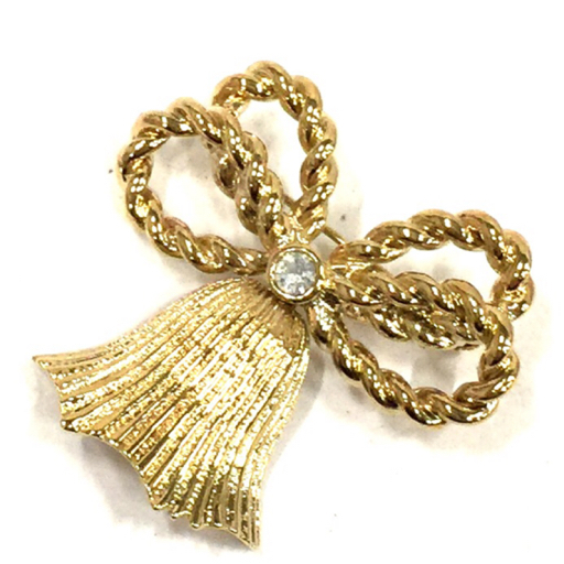 1 jpy beautiful goods Dior brooch ribbon flower rhinestone Gold color brand small articles preservation box attaching total 2 point set 
