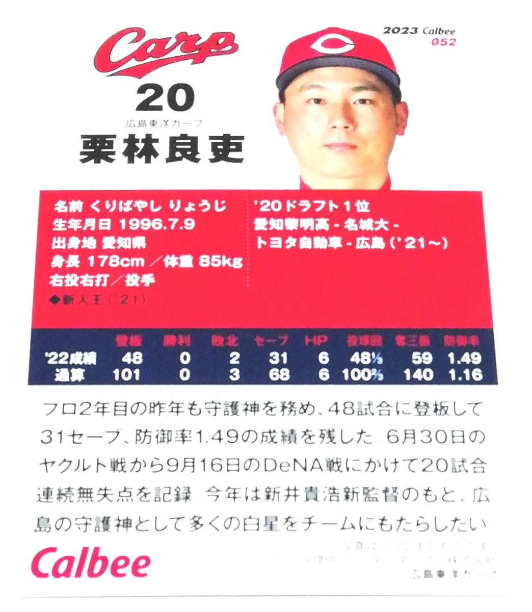 2023　第1弾　栗林良吏　広島東洋カープ　レギュラーカード　【052】 ★ カルビープロ野球チップス_画像3