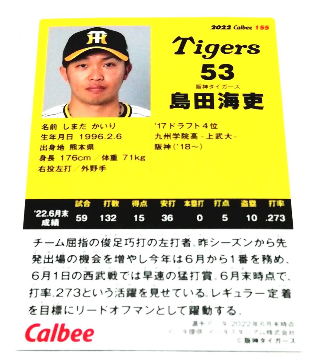 2022　第3弾　島田海吏　阪神タイガース　レギュラーカード　【155】 ★ カルビープロ野球チップス_画像2