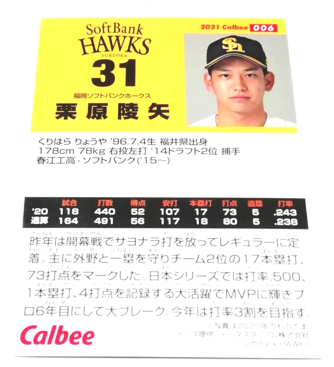 2021　第1弾　栗原陵矢　ソフトバンクホークス　レギュラーカード　【006】 ★ カルビープロ野球チップス　_画像2