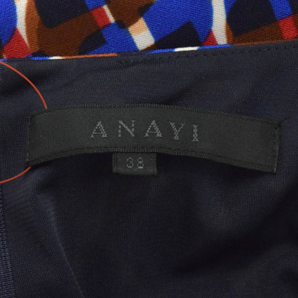 【美品】ANAYI/アナイ ひざ丈 ワンピース 半袖 総柄 プリント バックスリット リボンベルト付 38 青 紺 茶色 他[NEW]★61DN43_画像9