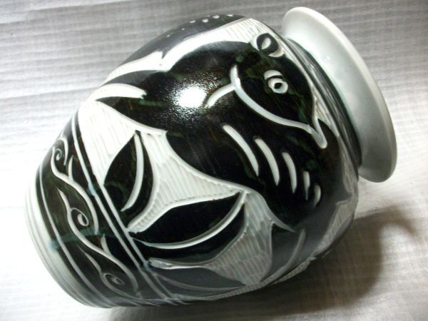 古猫】花瓶（鹿しか刻模様）●高さ260×左右200×上径160mm●陶器 飾り壺 バンビ_画像7