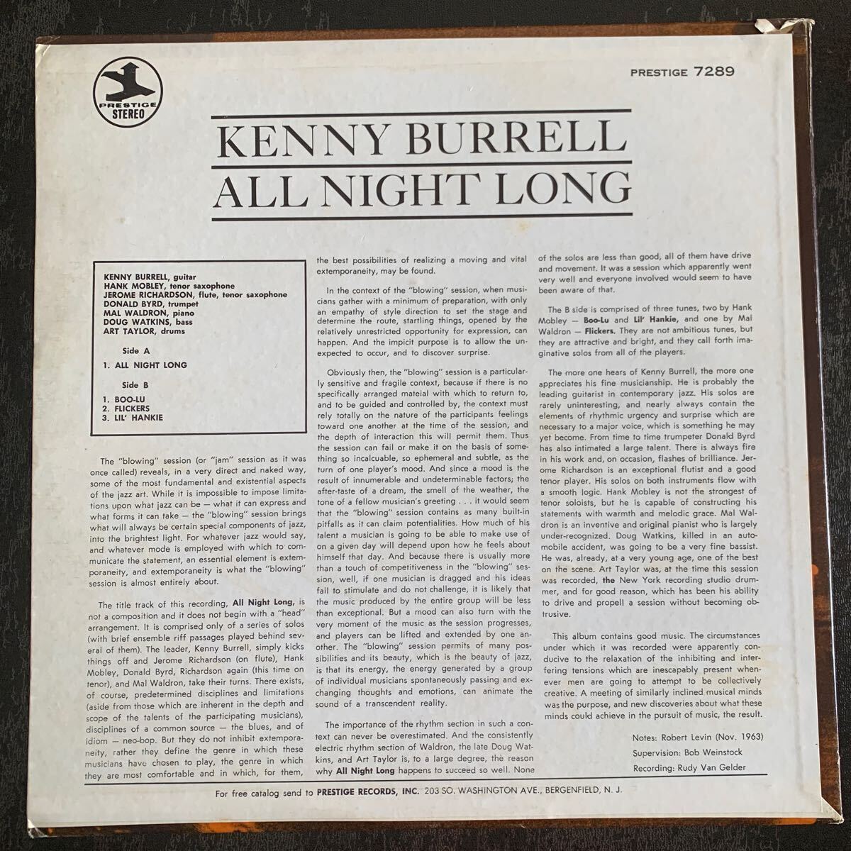 『ケニー・バレル(Kenny Burrell)／All Night Long』LP／レコード／US盤／Prestige ／PRT-7289の画像2