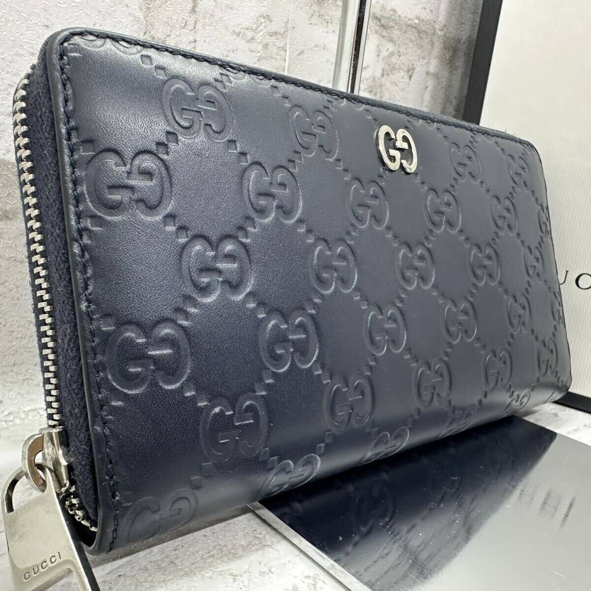 【現行 美品】GUCCI グッチ 長財布 ラウンドファスナー ドリアン シマ GG シルバー金具 インターロッキング レザー 黒色 ブラック メンズ_画像1