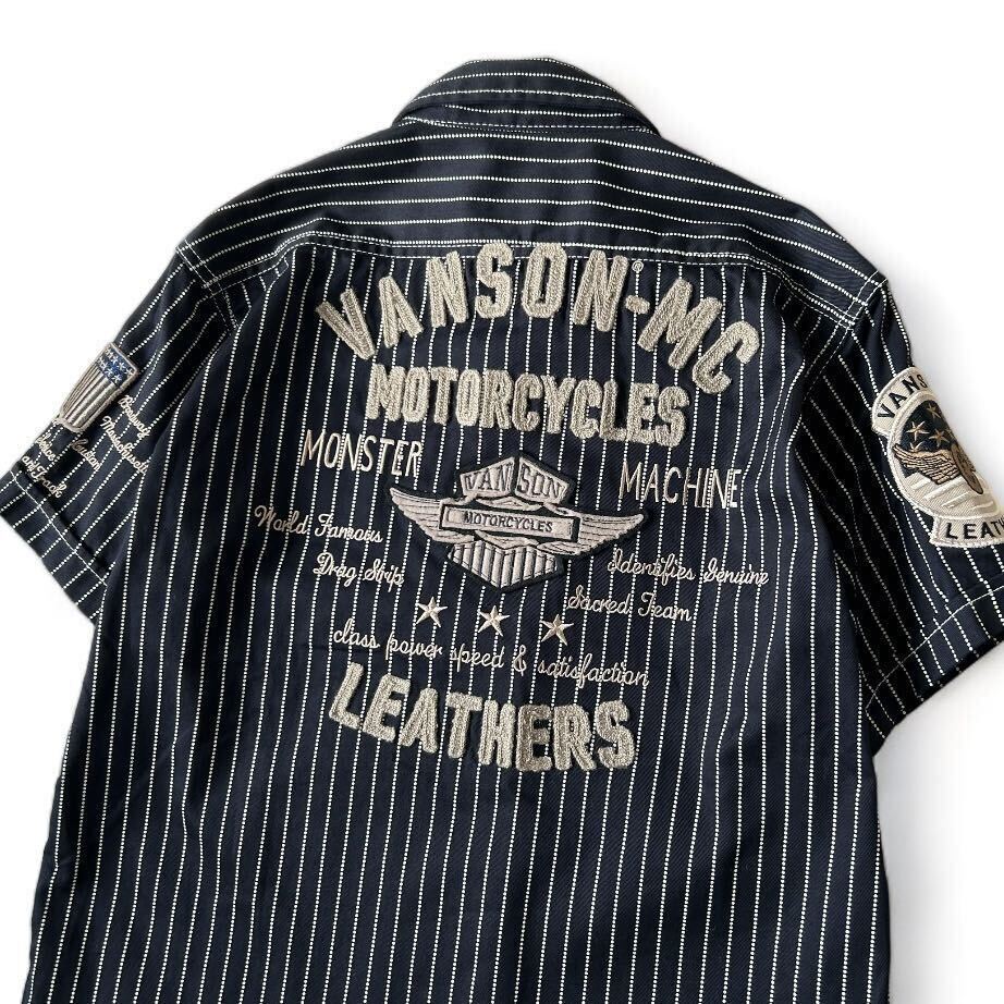 美品 VANSON バンソン チンスト マチ付き 刺繍 ワッペン ウォバッシュ ストライプ シャツ M 半袖 春夏 メンズ バイカー アメカジ ワークの画像1