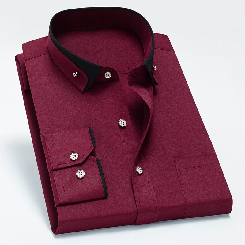 D909-XL新品DCKMANY■カラーマッチング 長袖シャツ メンズ ドレスシャツ ノーアイロン ワイシャツ シルクのような質感/ワインレッド_画像1