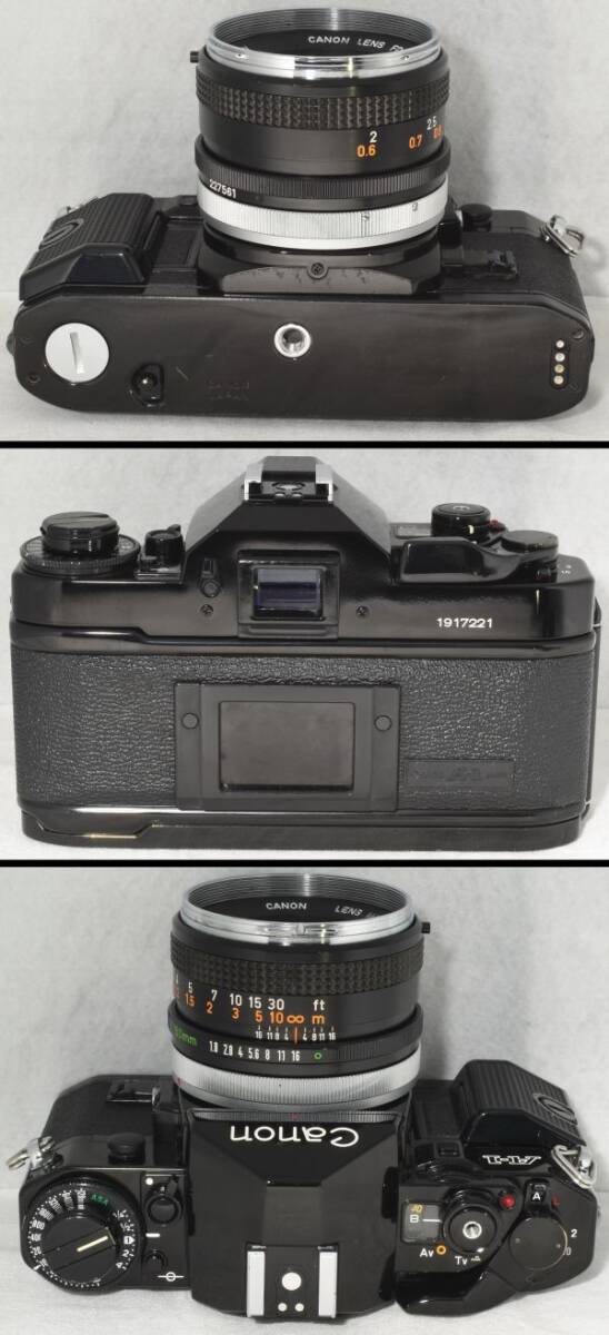 【整備/性能測定済】Canon A-1 ブラック＋FD 50mmF1.8 「oマーク」_ P,S,A機能OK(1917221_45)_外観に大きな打コンなし、塗装はげあり