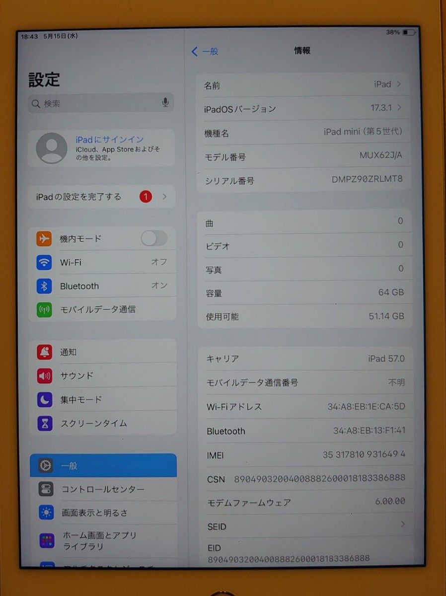 DMPZ9 完動品SIMフリー美品iPad mini5(A2124)本体64GB