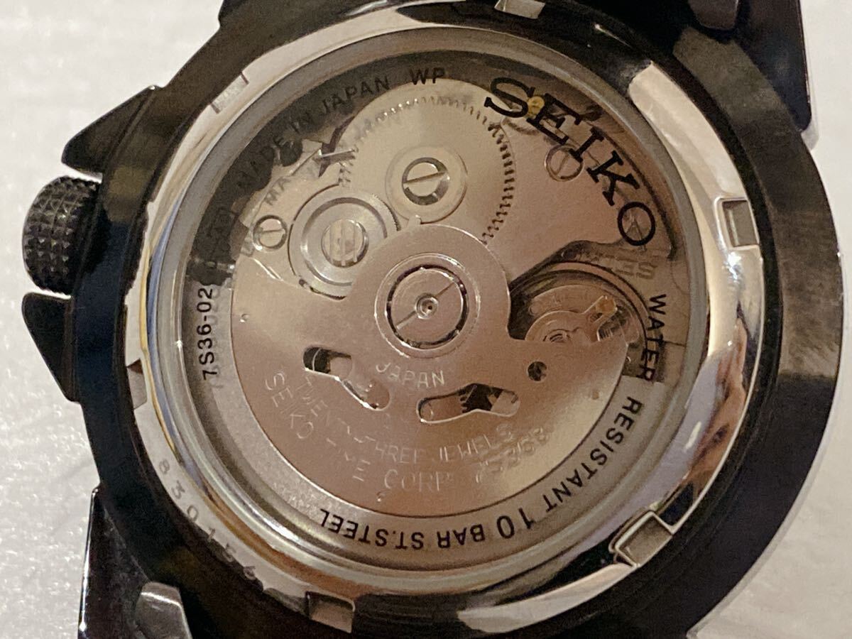 美品 SEIKO 5 SPORTS 7S36-02 WATER 10OM RESIST 23石 黒文字盤 自動巻 デイデイト 稼動品 セイコー 腕時計 セイコーファイブの画像8