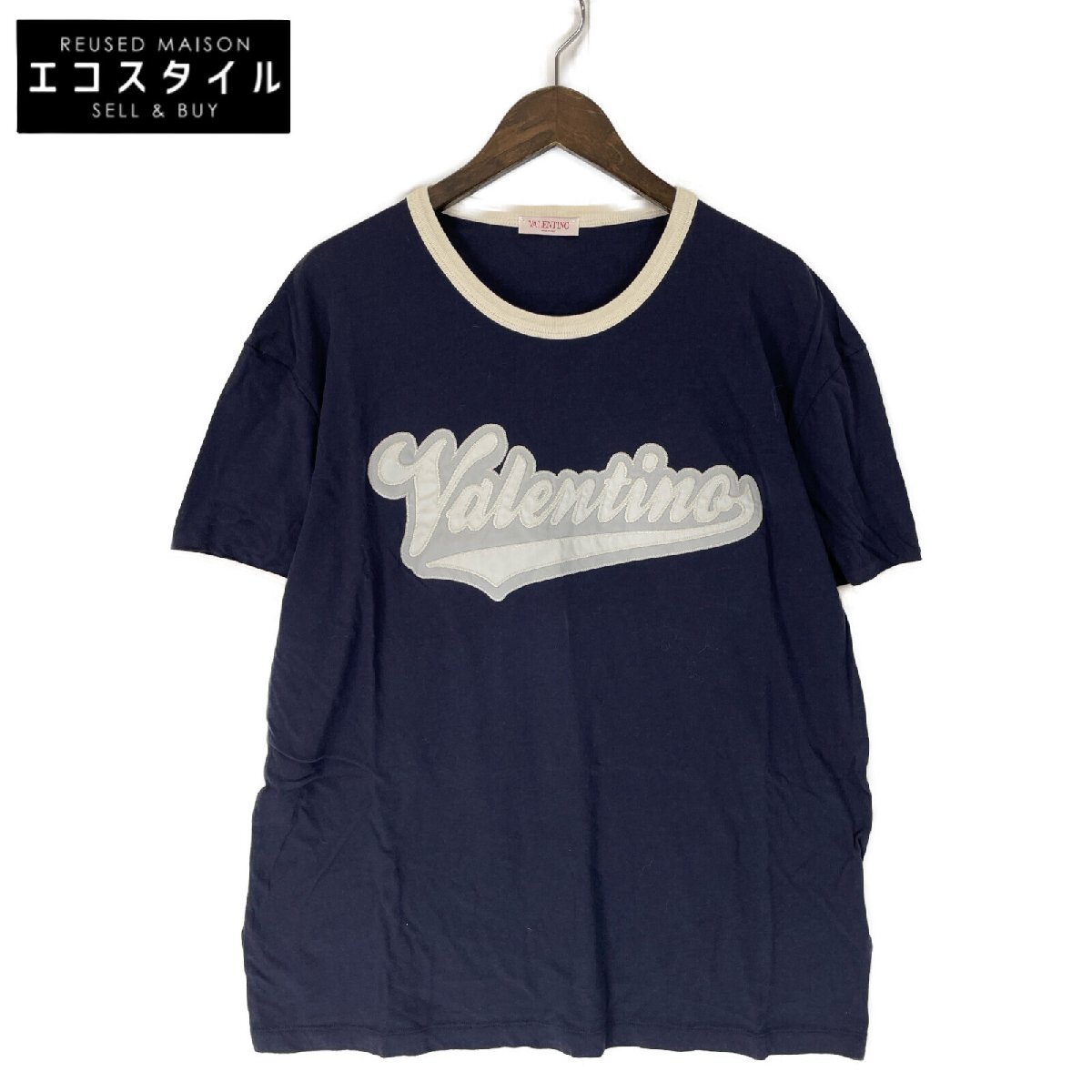 VALENTINO ヴァレンティノ ネイビー ロゴ ラグラン Tシャツ ブラック 3XL トップス コットン メンズ 中古_画像1