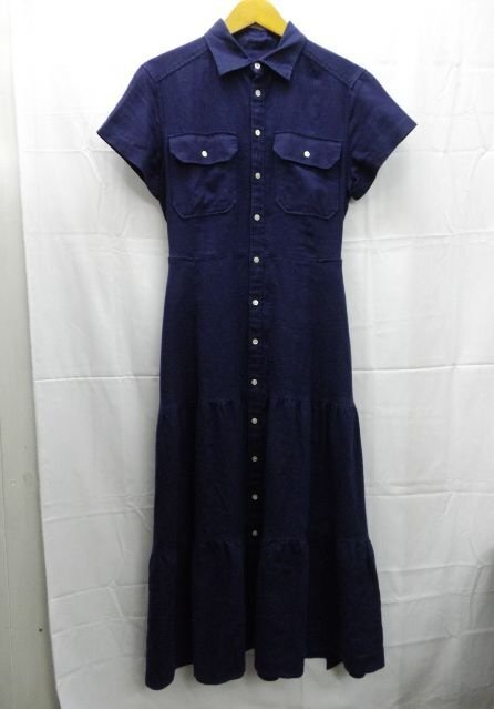 美品★POLO RALPH LAUREN◎ポロ ラルフローレン/ロング丈/ワンピース/ネイビー/紺/麻100％/6サイズ 165/92A_画像1