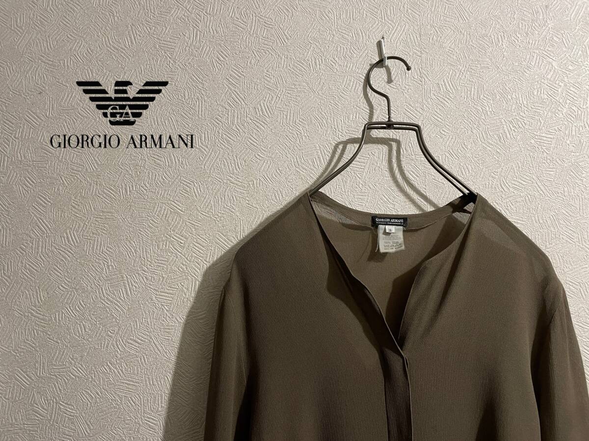 ◯ イタリア製 Vintage GIORGIO ARMANI ノーカラー シルク ブラウス / ジョルジオ アルマーニ ローン シャツ ブラウン 38 Ladies #Sirchive_画像1