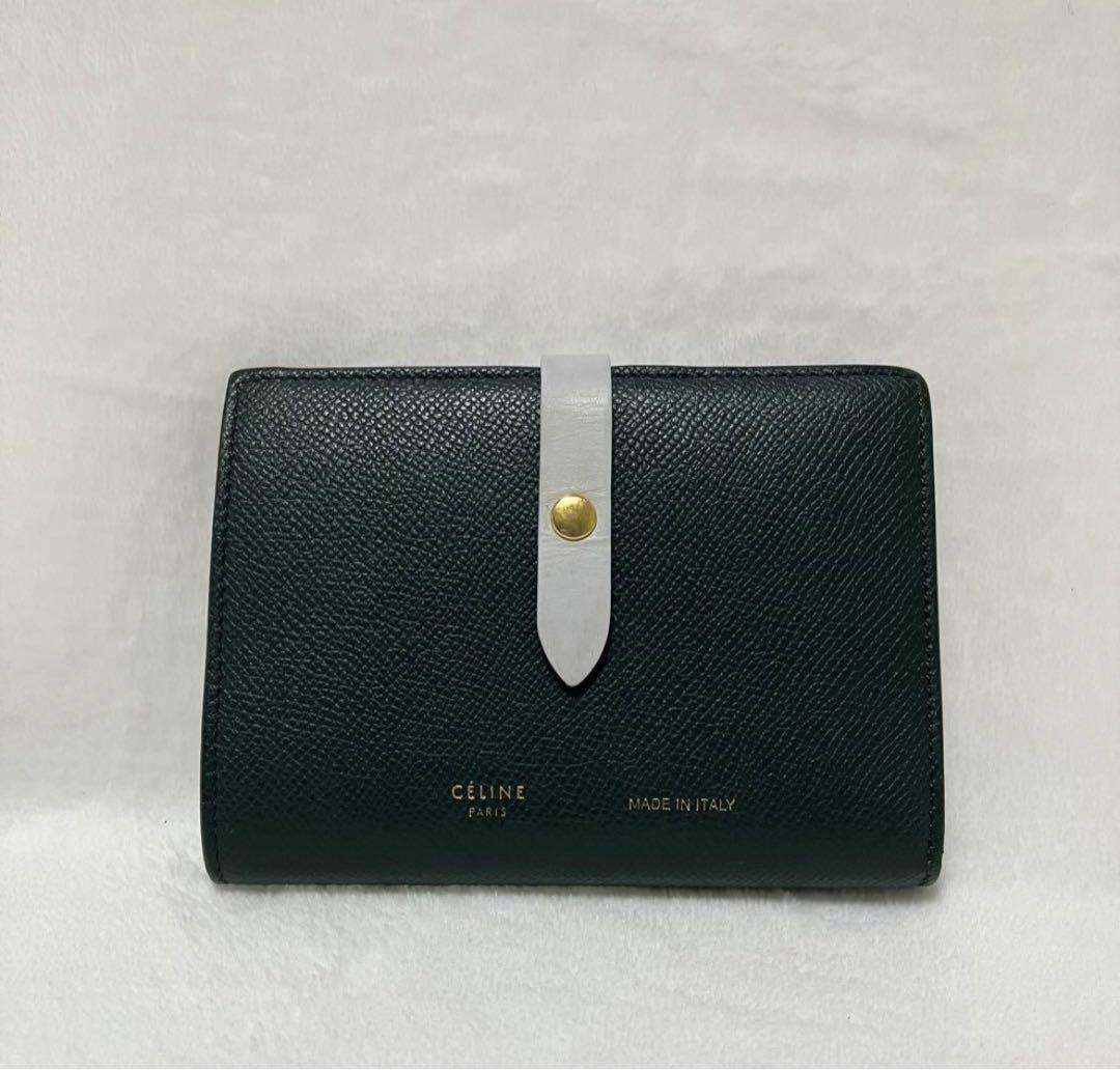 1円 美品 CELINE セリーヌ ストラップウォレット バイカラー折り財布 グリーンの画像2