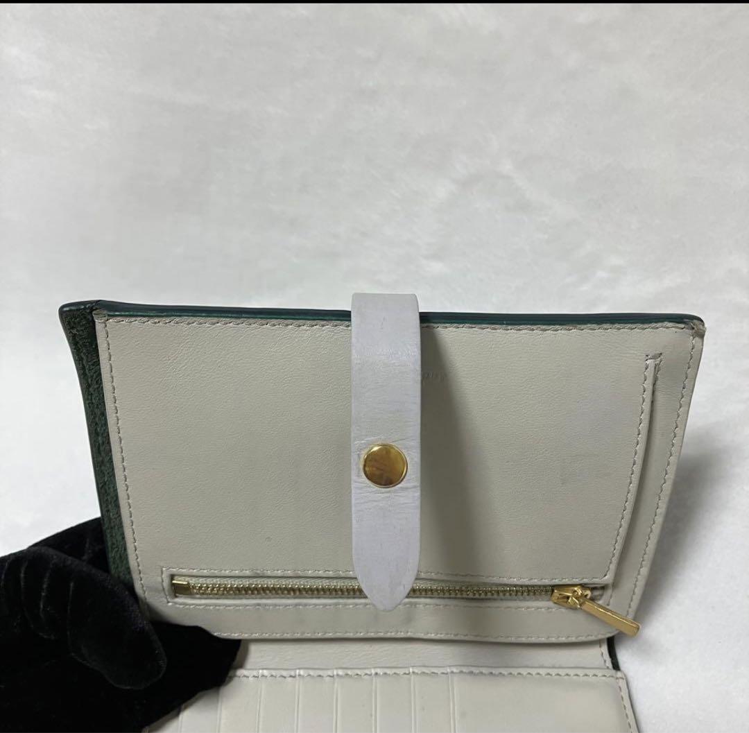 1円 美品 CELINE セリーヌ ストラップウォレット バイカラー折り財布 グリーンの画像6