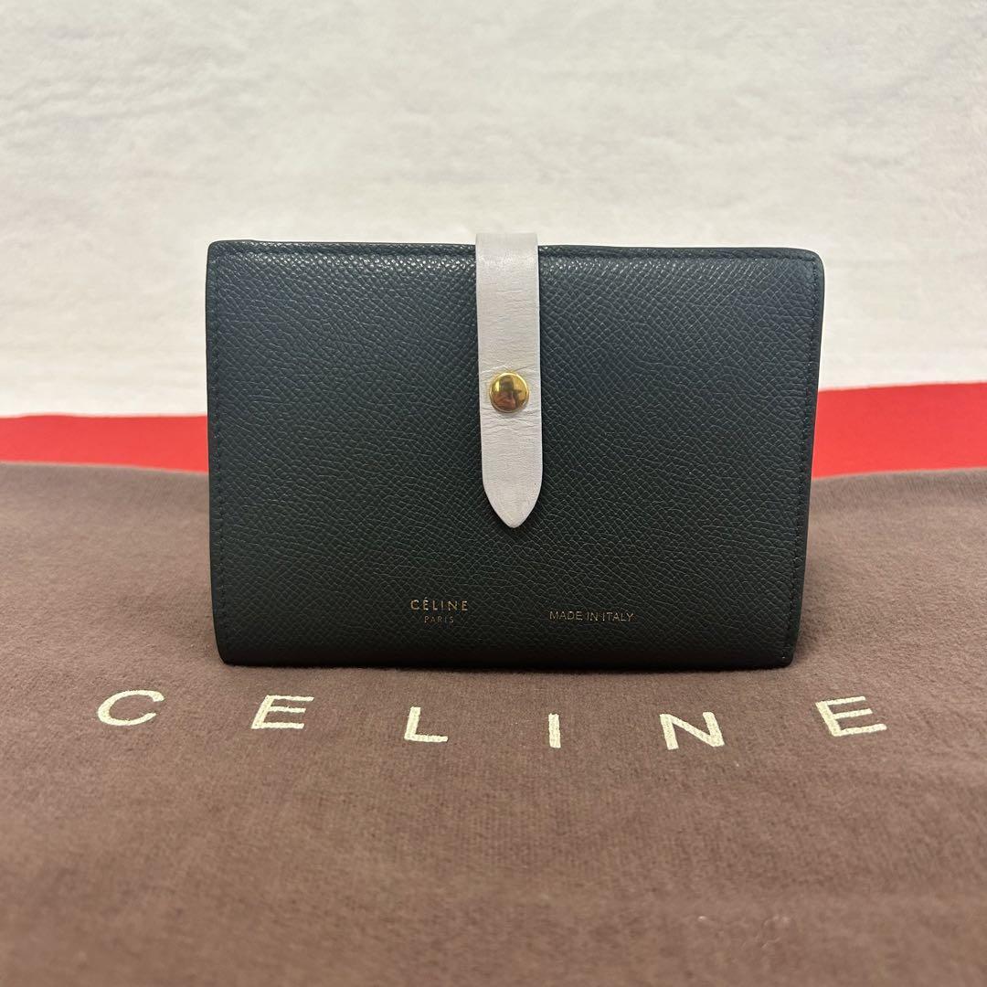 1円 美品 CELINE セリーヌ ストラップウォレット バイカラー折り財布 グリーンの画像1