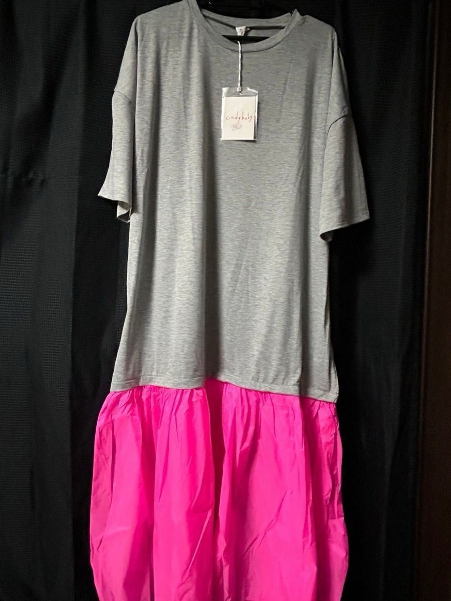ワンピース　Tシャツワンピース　ネオンカラー　ロングワンピース  グレー　半袖【新品未使用】ピンク