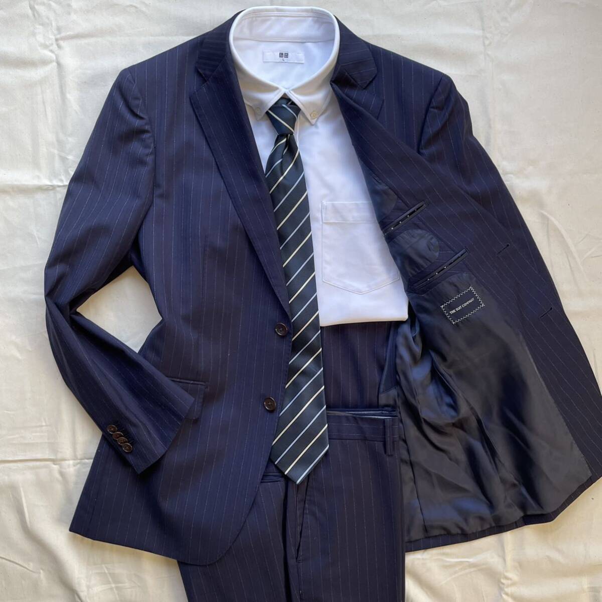 【極美品】THE SUIT COMPANY × REDA スーツ セットアップ シングル ネイビー ストライプ 2B 背抜き 裏地 光沢感 M位 メンズ 1円_画像1