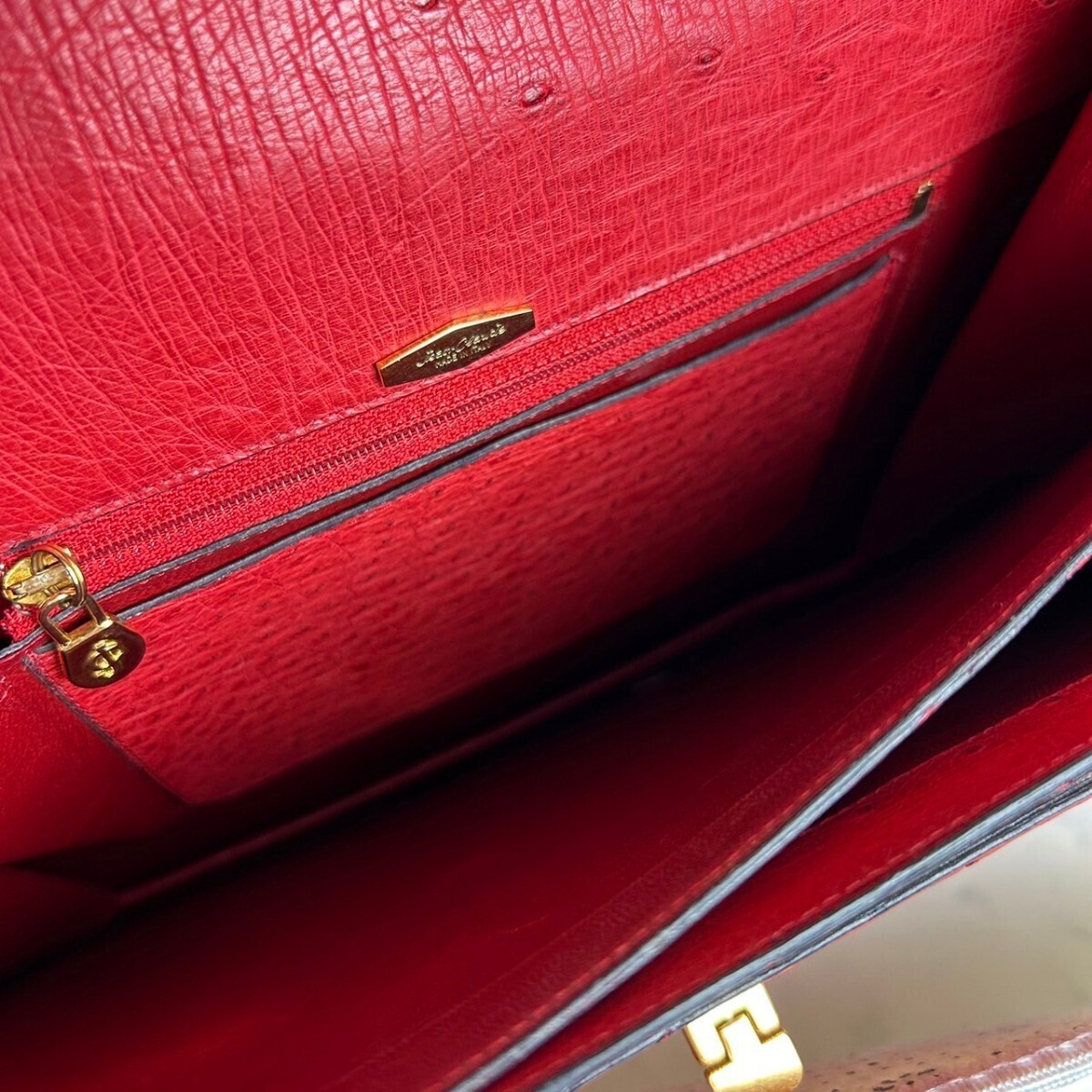 【美品】Jean Claude ジャンクロード ハンドバッグ オーストリッチ 鴕革 ゴールド金具 赤 エキゾチックレザー フォーマルの画像6