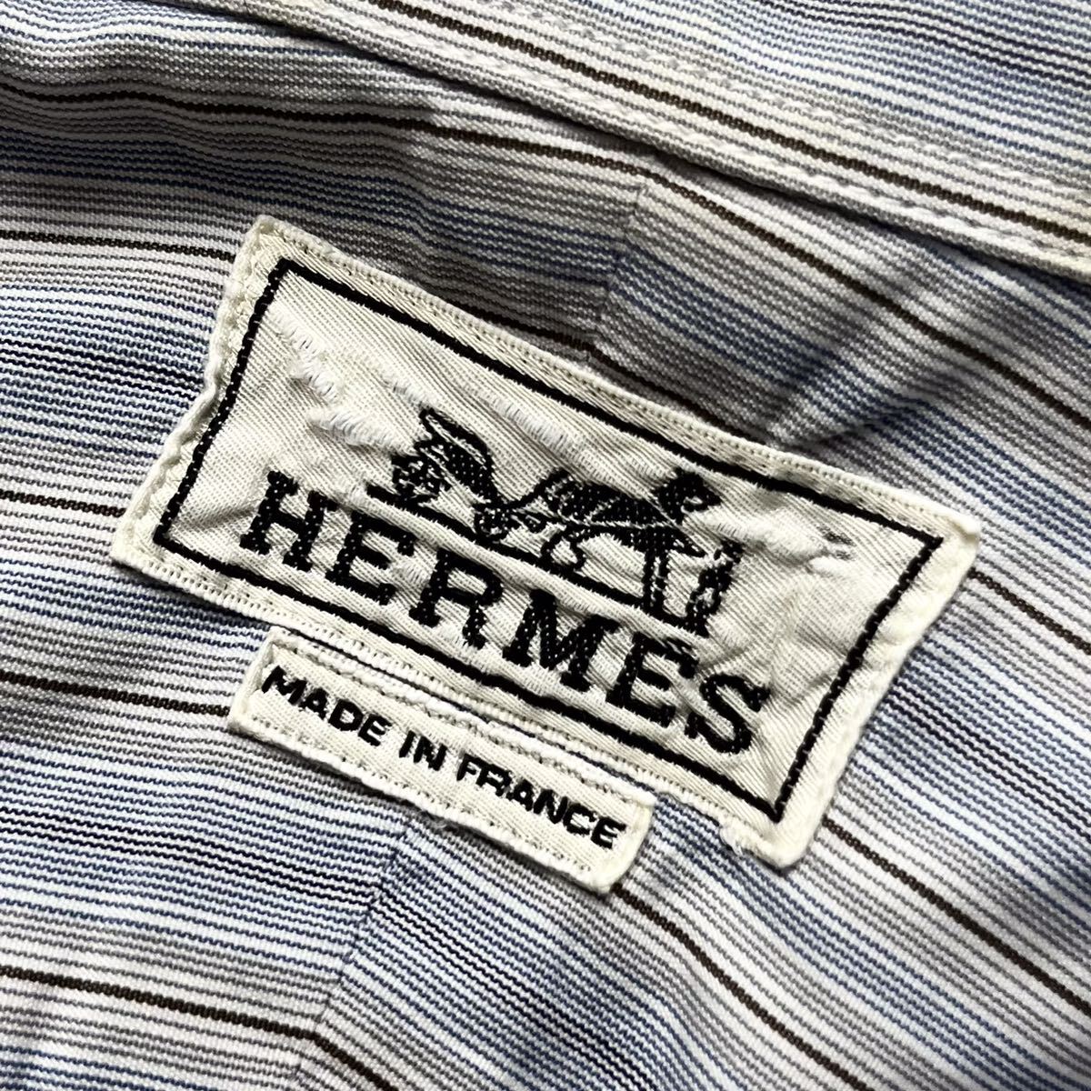 【最高級】 HERMES エルメス 銀ボタン メンズ ストライプ コットン シャツ フランス製 ブルー矢鱈縞 38 15 L相当_画像4