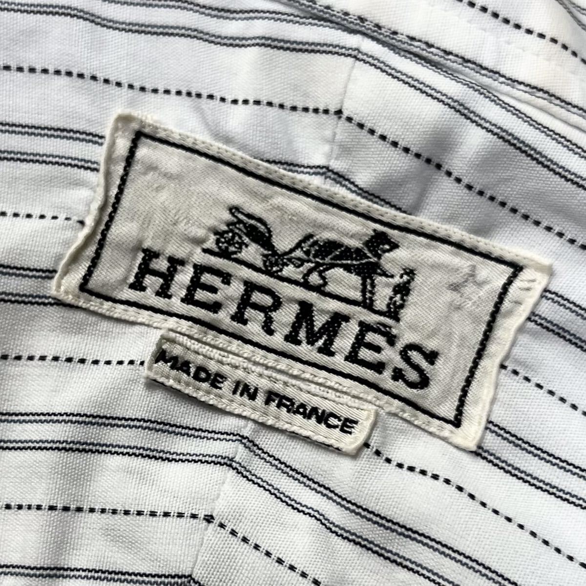 【最高級】 HERMES エルメス 銀ボタン メンズ コットン ポケット シャツ フランス製 ホワイト ストライプ15 1/2 L相当_画像4