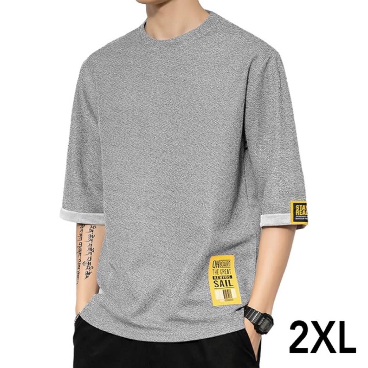 Tシャツ 2XL メンズ 半袖 夏服 ション カットソー カジュアル tシャツ ゆったり 丸襟 大きいサイズ 通気性 速乾 灰