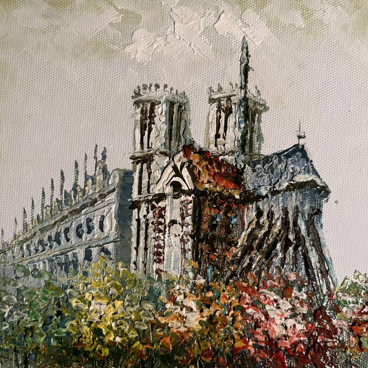 手書き油絵 パリの風景 ノートルダム大聖堂 額付 絵画 インテリア 油彩画
