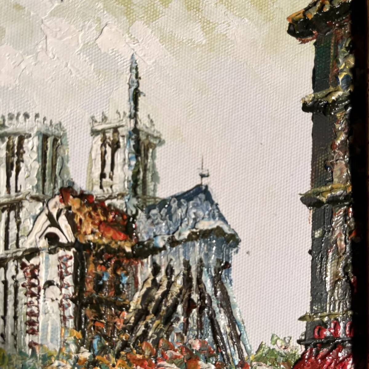 手書き油絵 パリの風景 ノートルダム大聖堂 額付 絵画 インテリア 油彩画