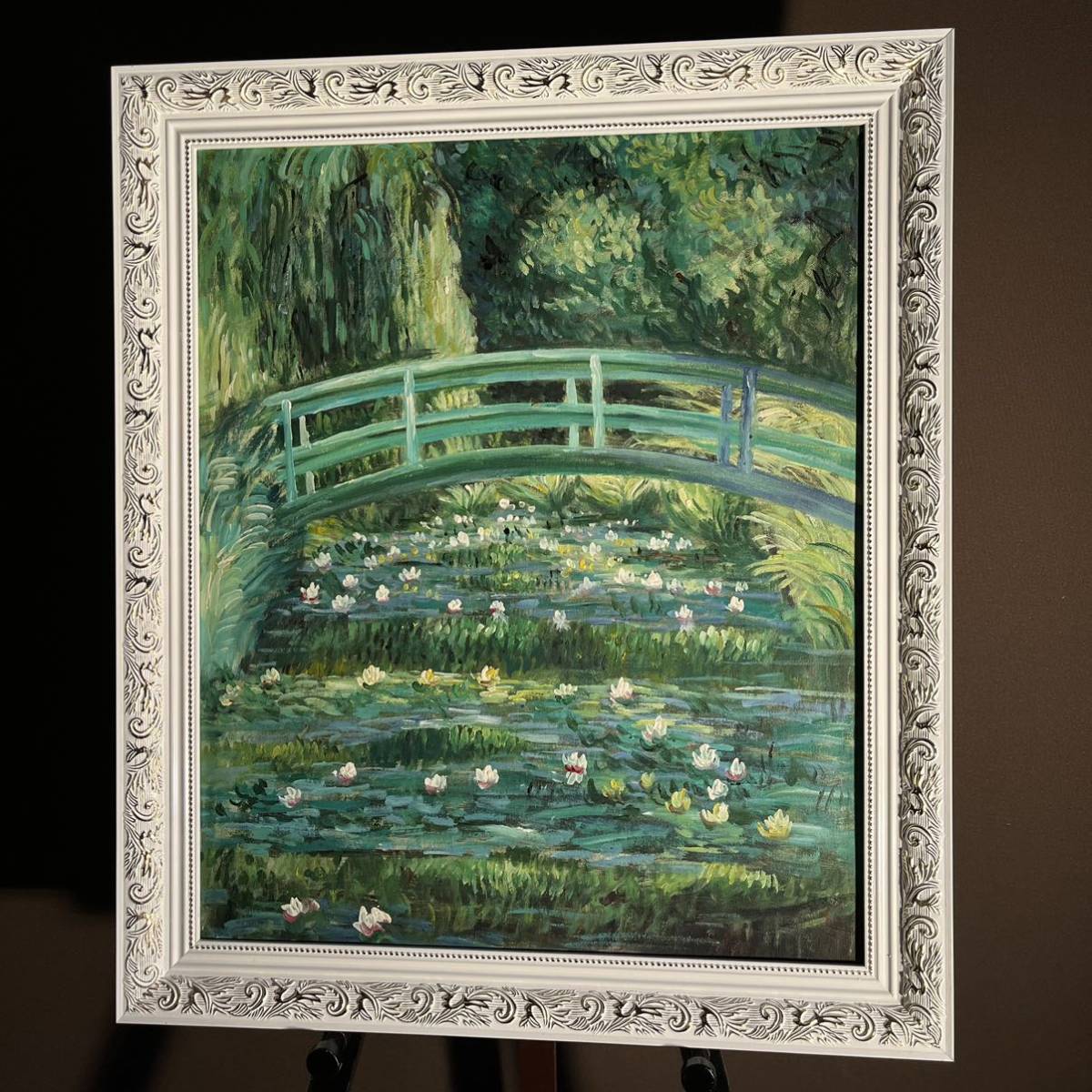 手書き油絵 クロード・モネ 睡蓮の池 日本の橋 額付き インテリア 油彩画_画像1