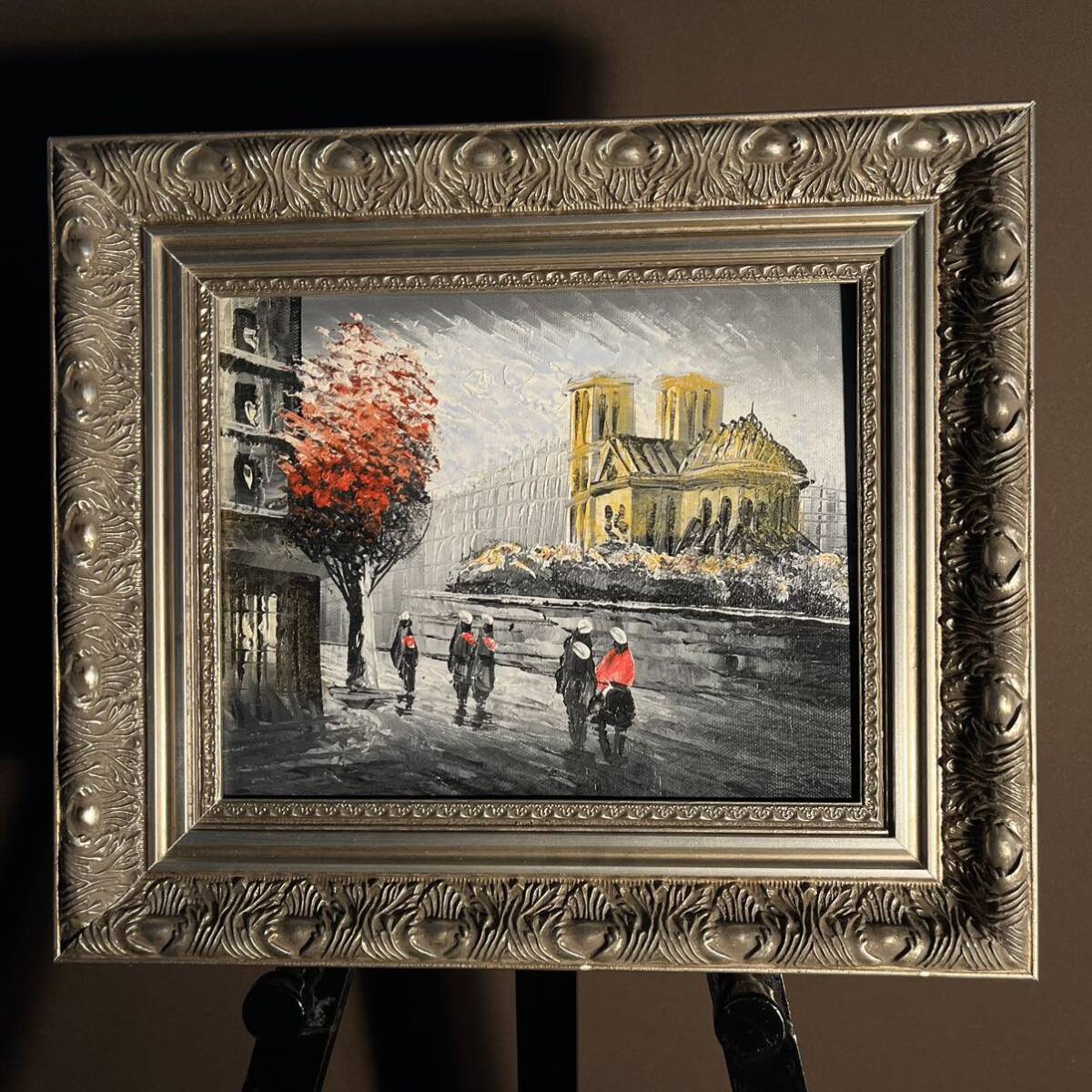 手書き油絵 パリの風景 ノートルダム大聖堂 額付 絵画 インテリア 油彩画_画像1