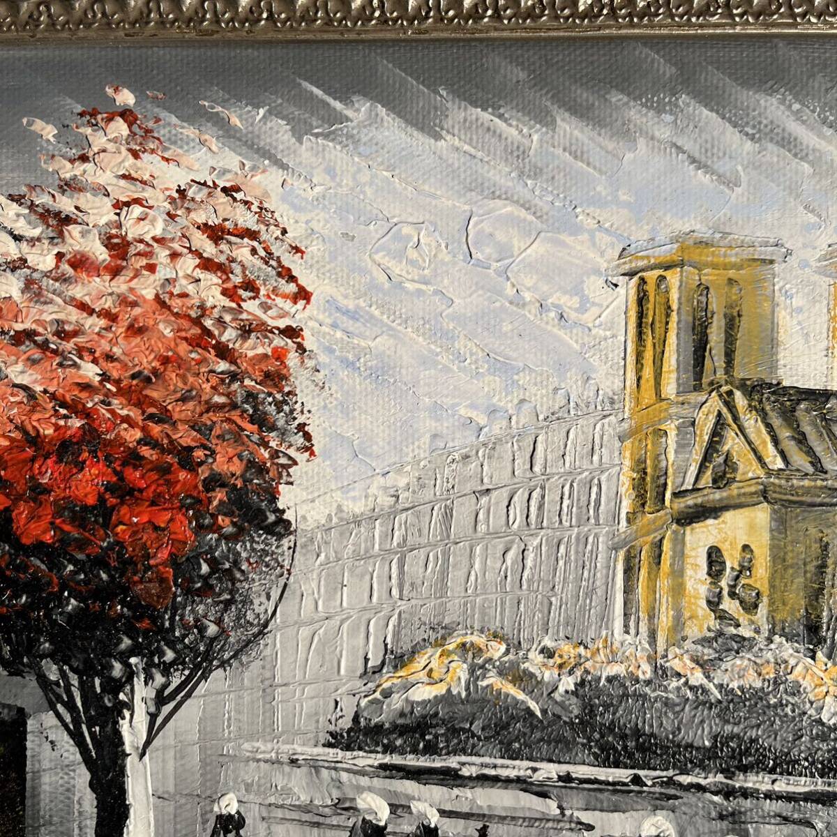手書き油絵 パリの風景 ノートルダム大聖堂 額付 絵画 インテリア 油彩画_画像4