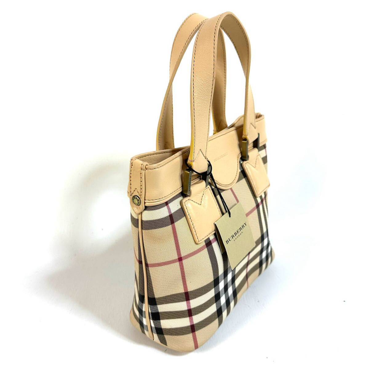 【未使用】BURBERRY バーバリー レザー キャンバス ミニ ハンドバッグ ノバチェック ベージュ ヴィンテージ金具 タグ ギャランティカード付